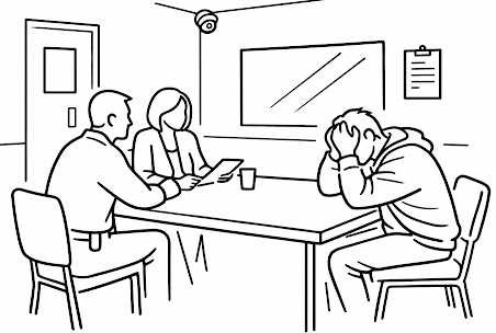 A line drawing showing a legal interview in ploice custody, with solicitor representatives sitting across a desk from a visibly stressed man.