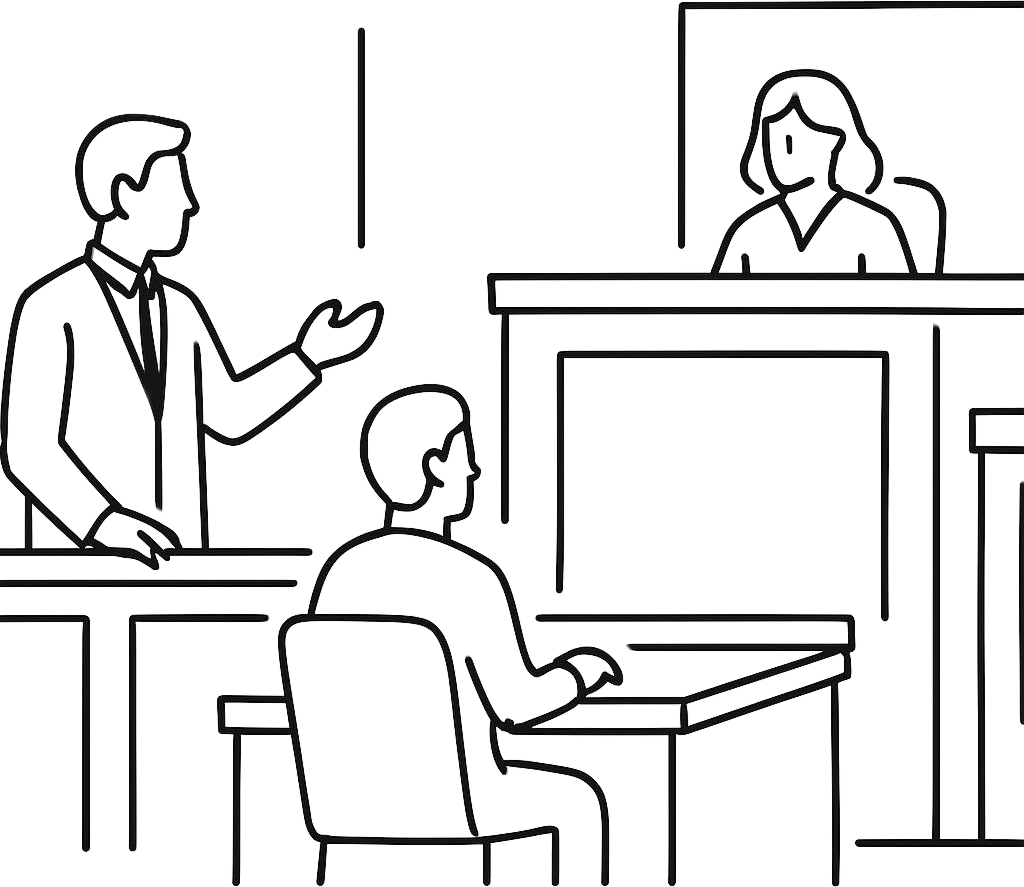 Line drawing of courtroom scene showing a defence lawyer standing and addressing the judge while their client is seated at the defence table.